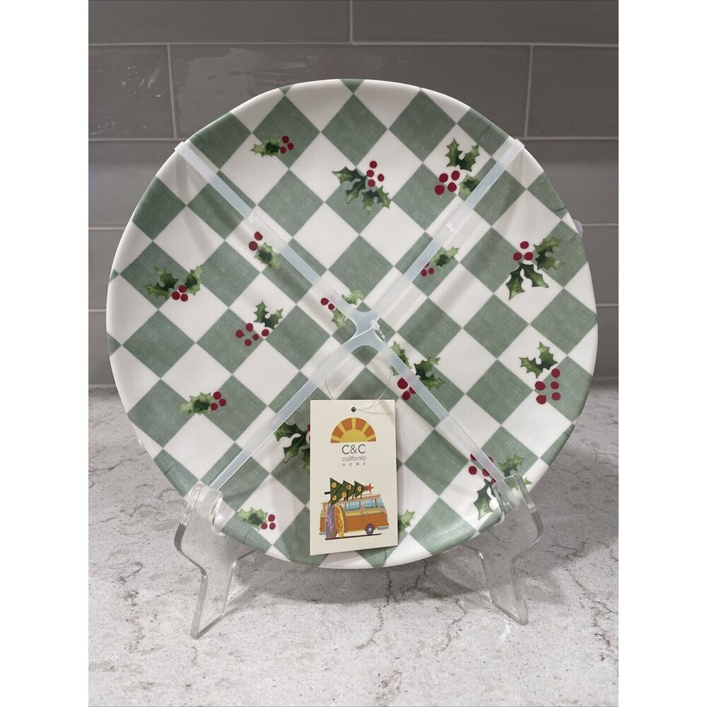 Set 4 HOLLY BERRY GREEN 11” Checkered Christmas Plates Melamine C&C CALIFORNIA